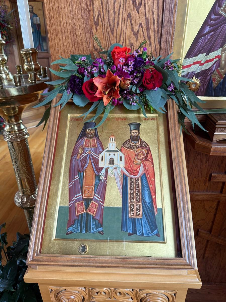 Icon of St Raphael of Brooklyn and the Reverend Nicola Yanney holding a model of St George Church